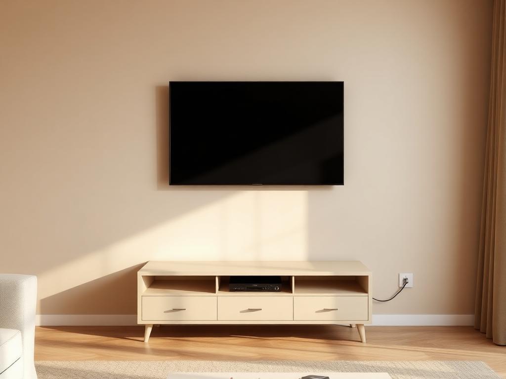 Same living room after TV mounting: flat screen flush on the wall with cables concealed and a clear console