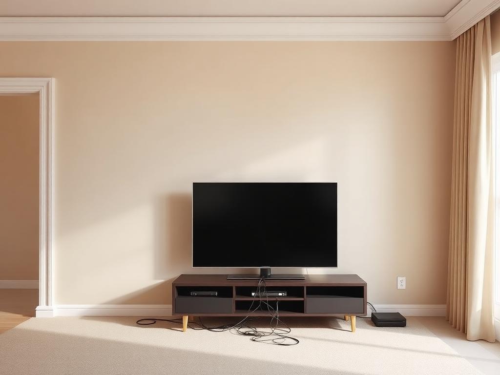 Living room before TV mounting: bare beige wall with the flat screen on a console and cables hanging loose