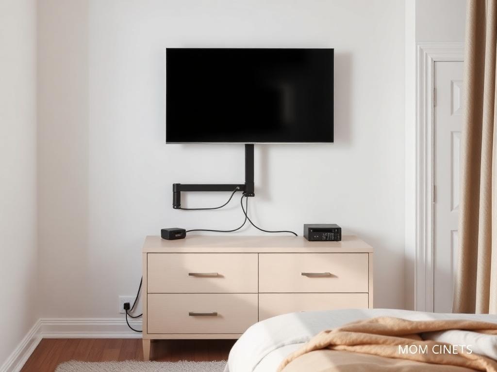 Same bedroom after TV mounting: TV on a tilting bracket above the dresser with cords routed out of sight