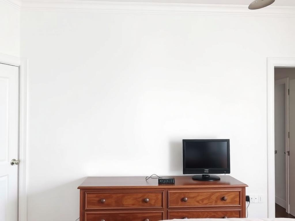 Bedroom before TV mounting: small TV sitting on a wood dresser with a power strip and visible cords