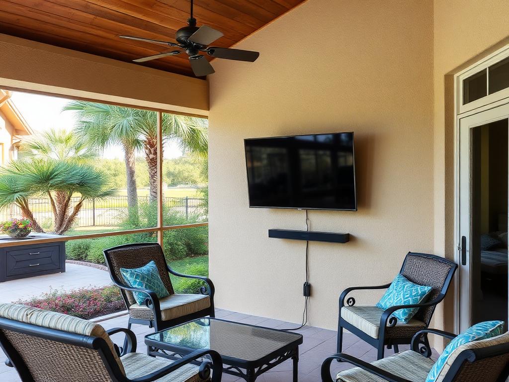 Same lanai after outdoor TV install: weather-rated TV on a stucco wall with soundbar and conduit-run wiring
