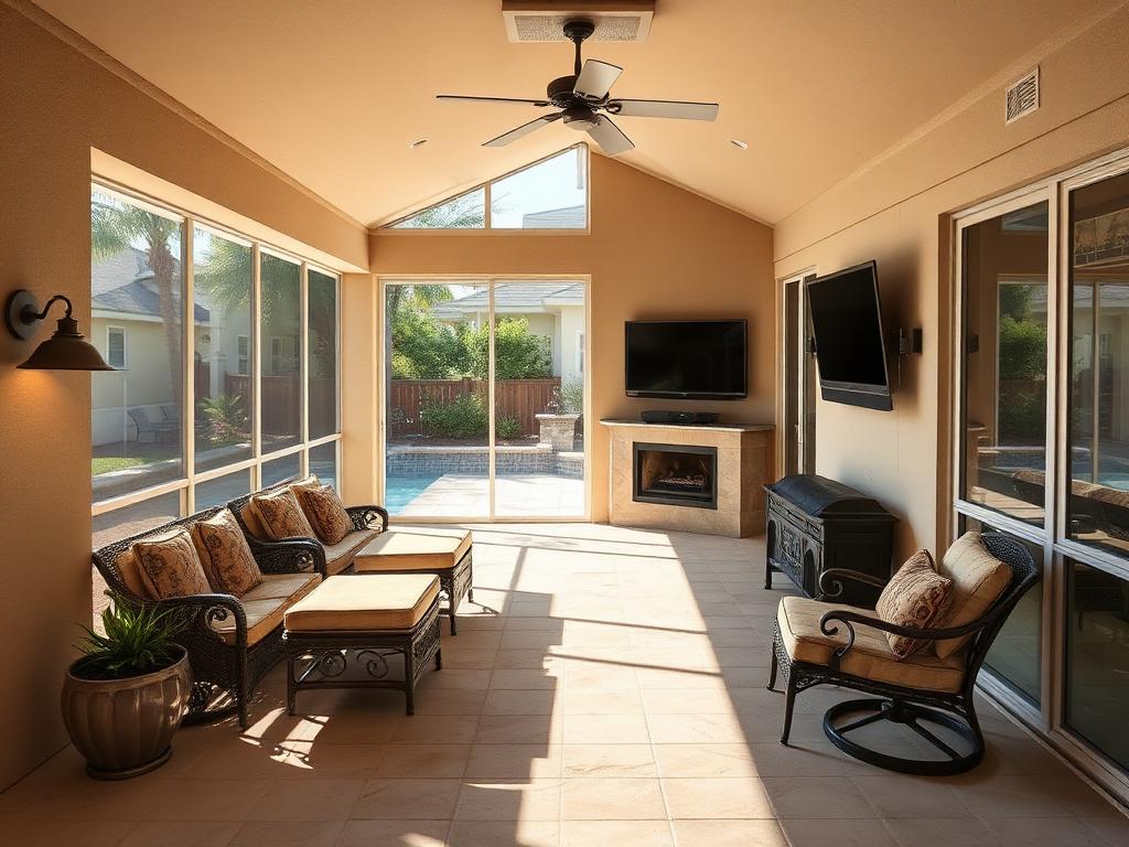 Covered Florida lanai before outdoor TV install: bare stucco wall above patio seating