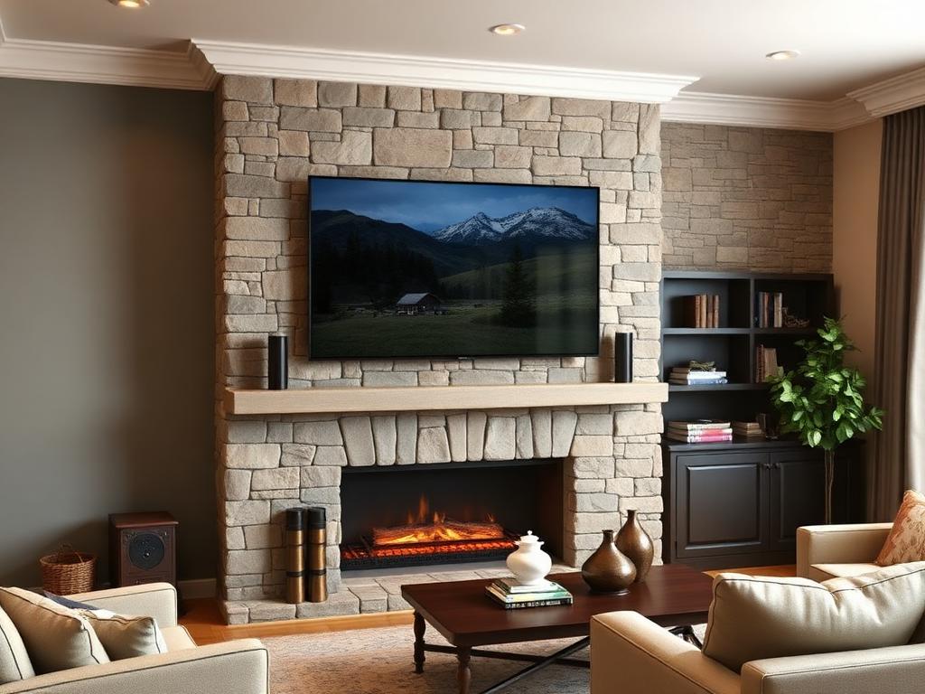 Same living room after fireplace TV install: large TV mounted on the stone chimney breast at a comfortable height