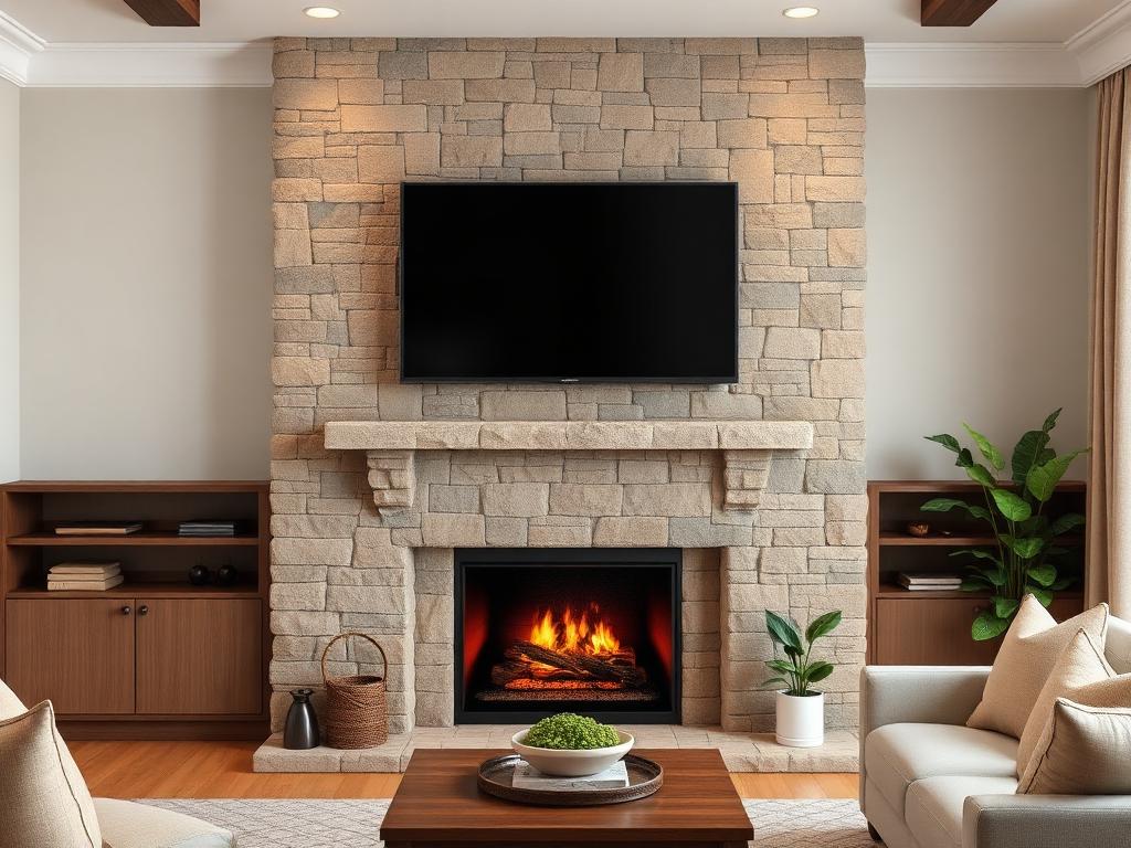 Living room before fireplace TV install: empty stone chimney breast above the firebox