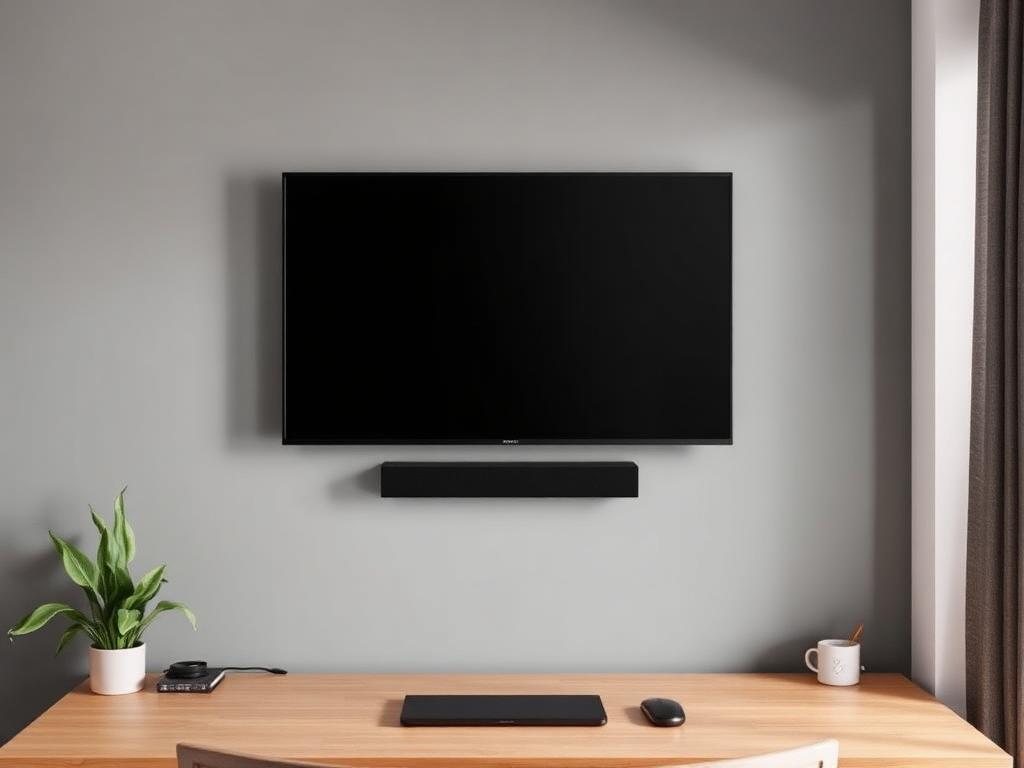 Same home office after install: TV mounted with a soundbar bracket beneath and all cabling concealed