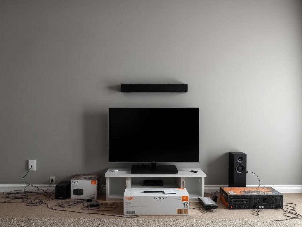 Home office before TV and soundbar install: gray wall with equipment boxes and tangled cables on the floor